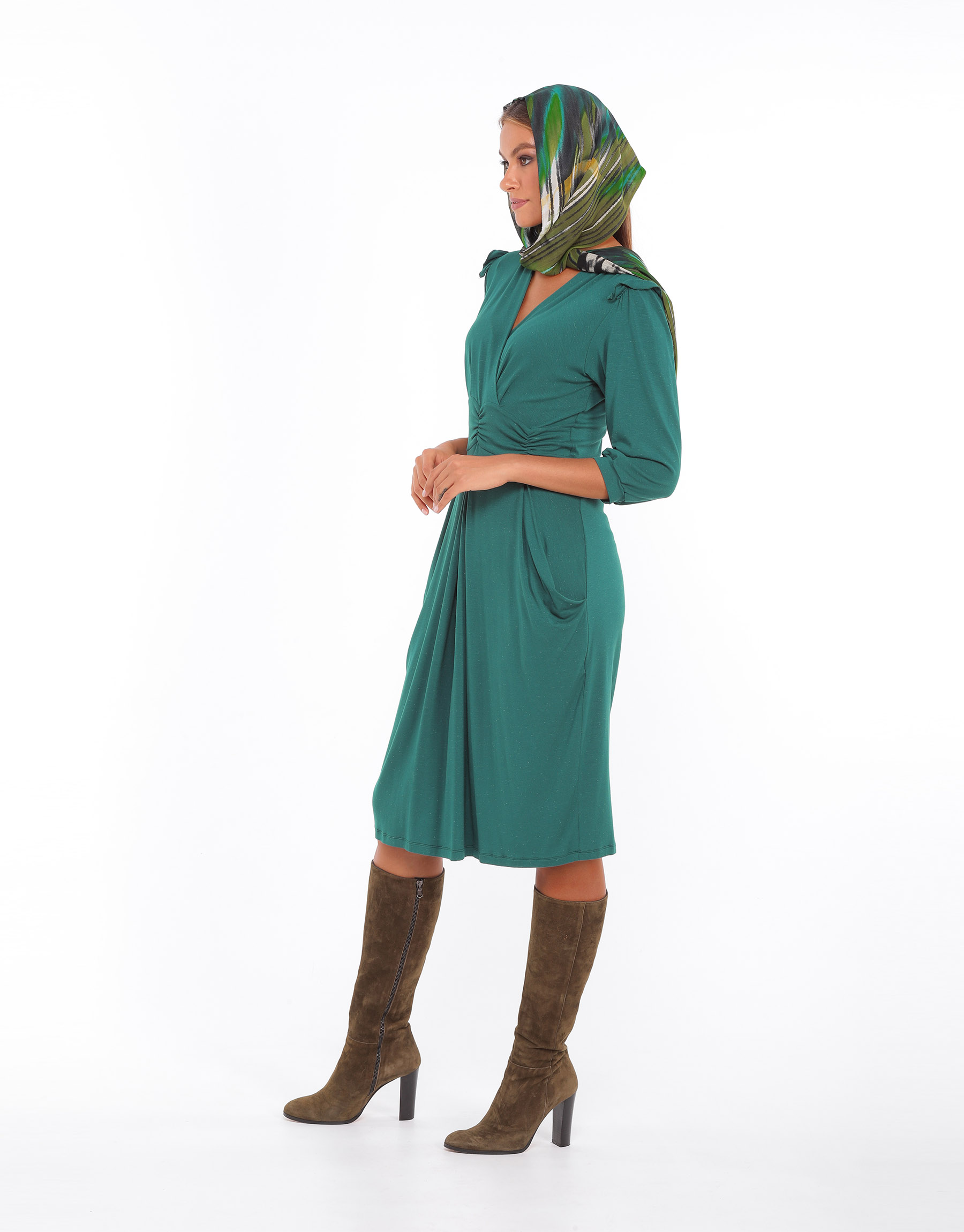 High-waisted dress in duck green cotton jersey 